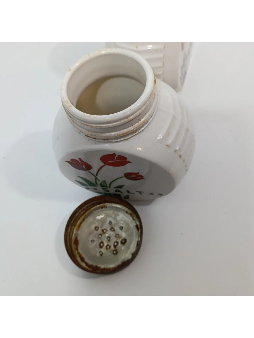 Vintage Fire King Red Tulip Salt & Pepper Shakers Anchor Vitrock Milk Glass